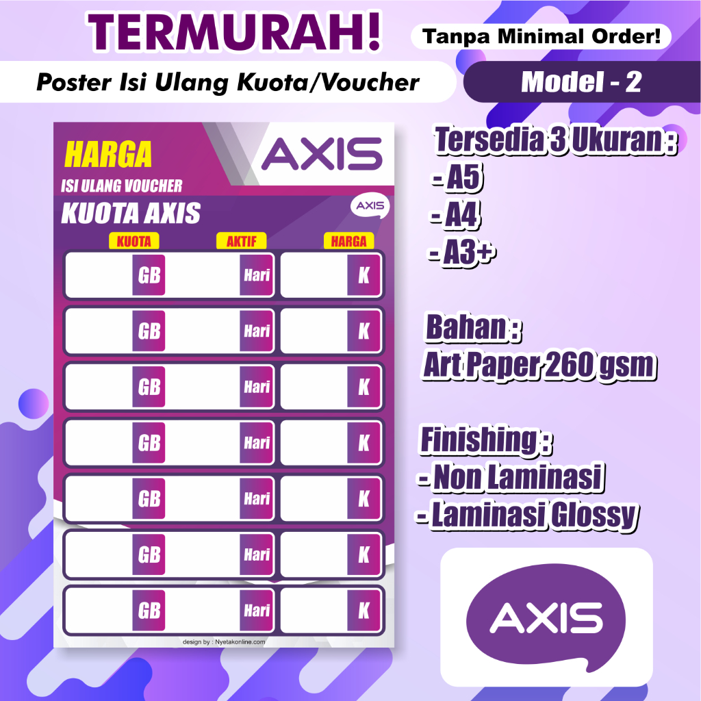 

Poster Konter Daftar Harga Paket Data / Voucher /poster paket data konter / Daftar Harga Voucher Murah [AXIS AM-02]