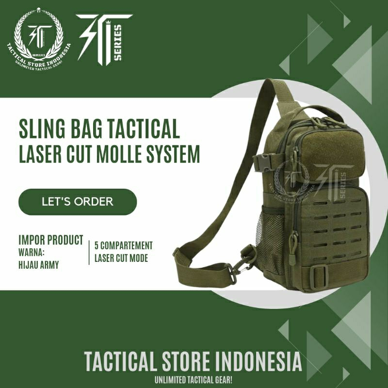 Tas Selempang Tactical Laser Cut Impor - Sling Bag Tactical Warna Multicam Black Hitam Hijau Cream