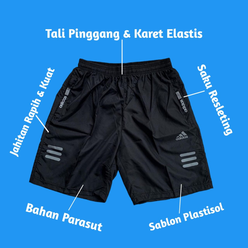 Celana Pendek Parasut Olahraga Saku Resleting Pria Wanita Running Gym Sport Kolor Volly Futsal Bulu Tangkis Jogging Bahan Berkulitas-AD Stripe