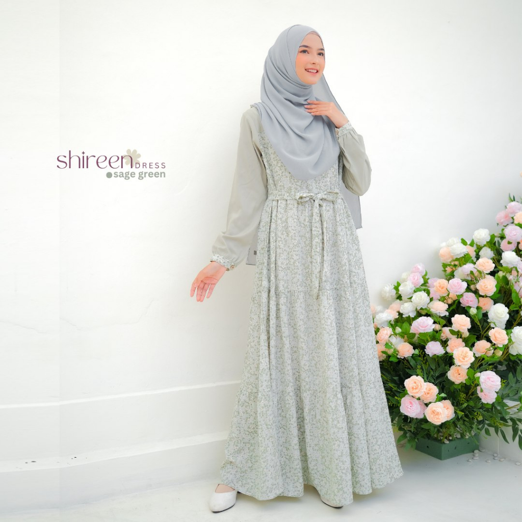 Riskirich Shireen Dress Vol 5.0 Gamis Remaja Overall Menyatu Motif Bunga Kiyowo Look Korea Style