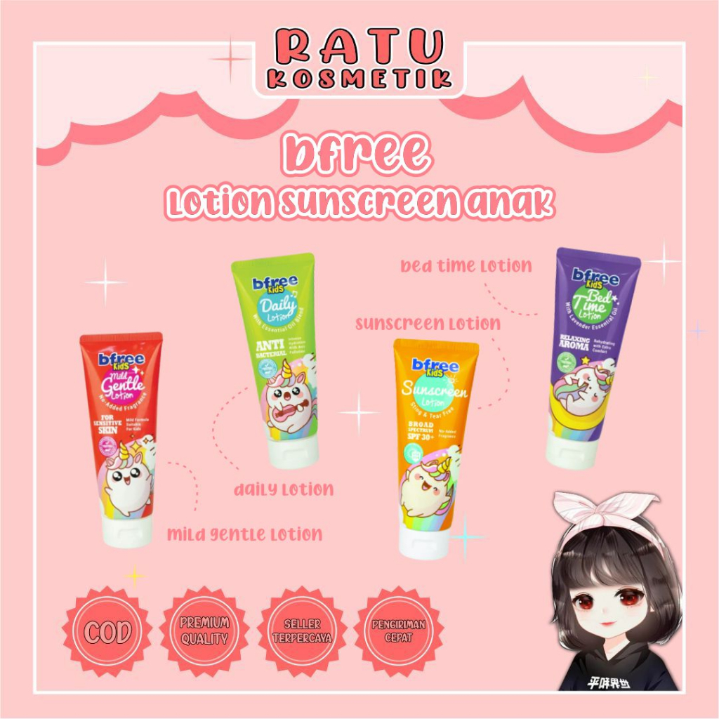 ❤ RATU ❤ Bfree Kids Lotion Sunscreen Anak 100ml | Daily | Mild Gentle | Sunscreen Spf 30+ | Bed Time | Tekstur Lembut Untuk Anak Anak