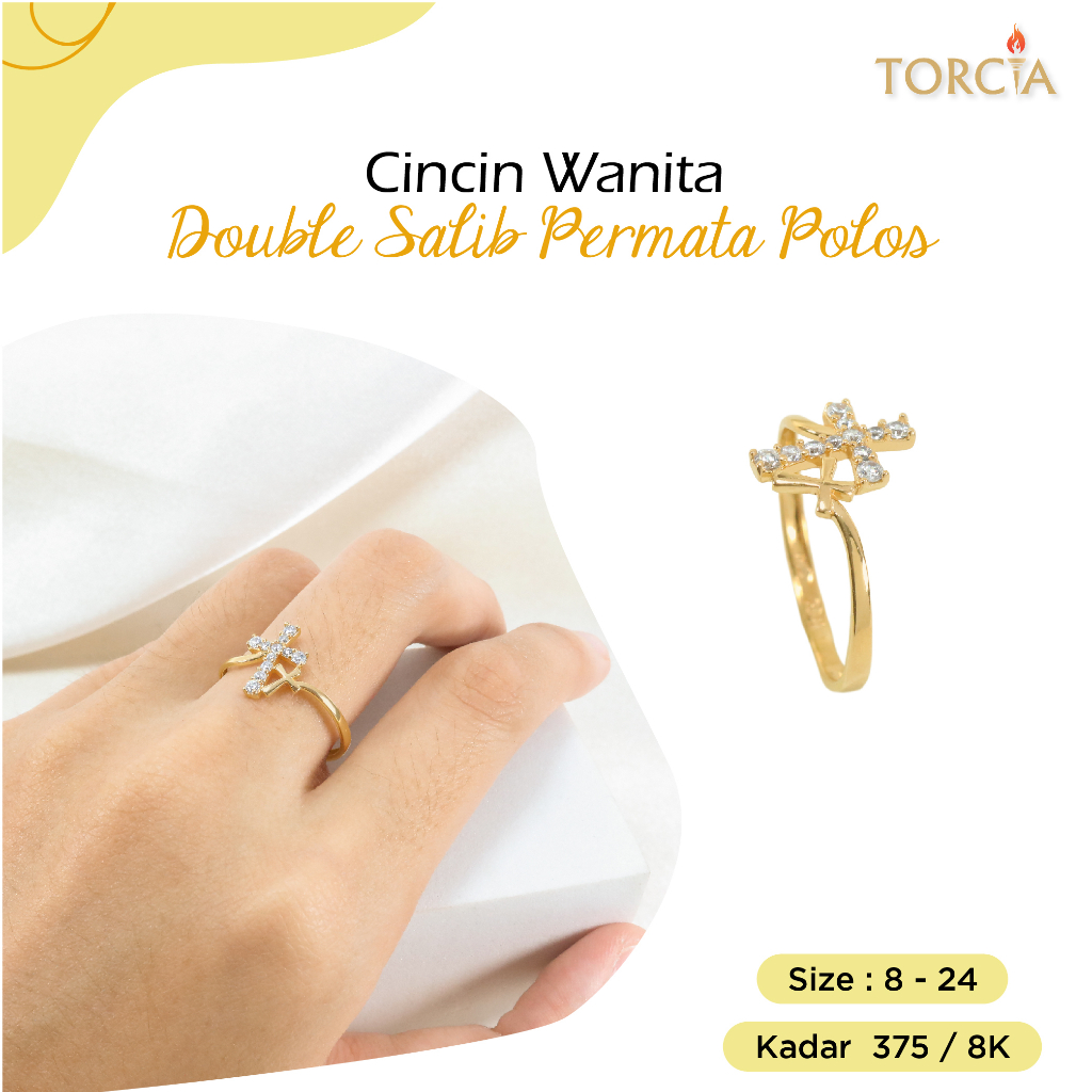 Cincin Wanita Emas Asli Double Salib Permata Polos Kadar 375 Torcia