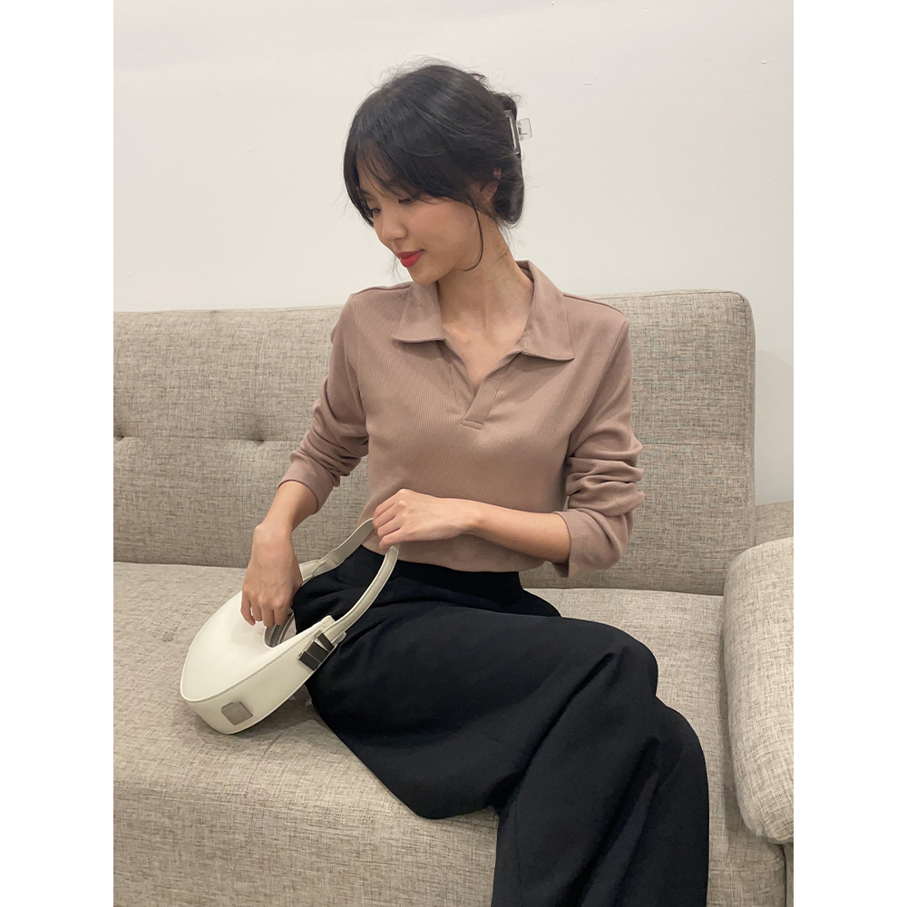 Kadaka T-0507 Crop Polo Shirt Cotton Knit Long Sleeves Wanita