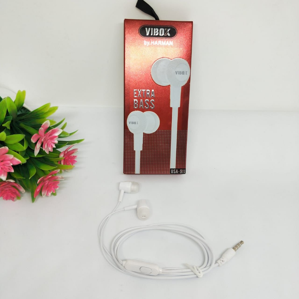 EARPHONE VIBOX USA911 RED PACK PREMIUM STYLE HF EXTRA BASS TERMURAH HIGH QUALITY HD AUDIO COMPATIBLE ALL SMARTPHONE PROMO SEN