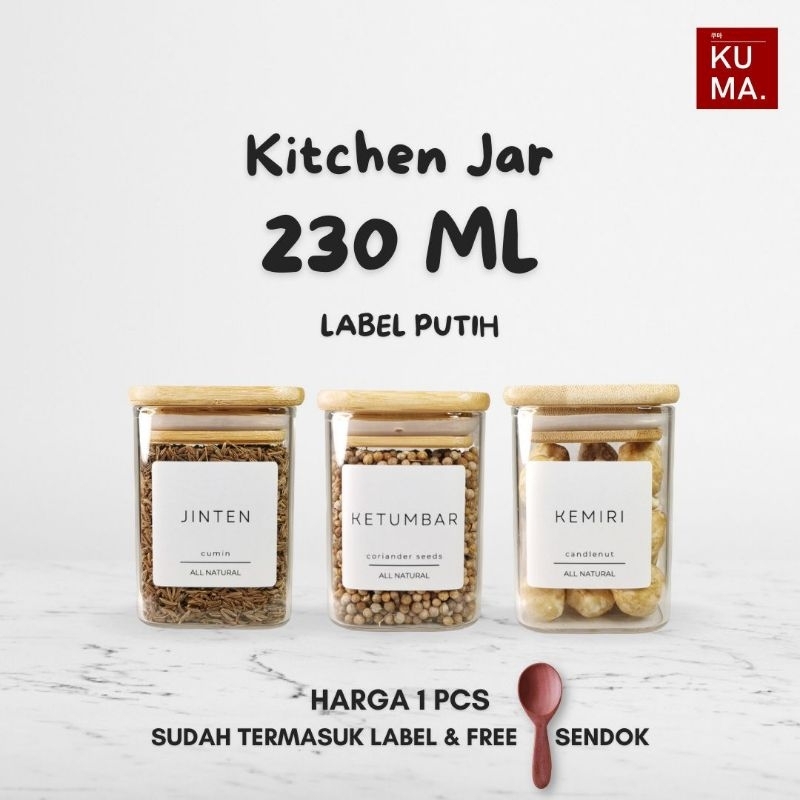 KUMA Kitchen Jar Square 230ml Toples Kaca Dapur Tutup Kayu Free Sendok