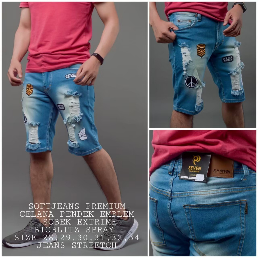 RN SEVEN- softJeans Premium Celana Pendek Jeans Pria  SobekbBordir Emblem Bioblitz