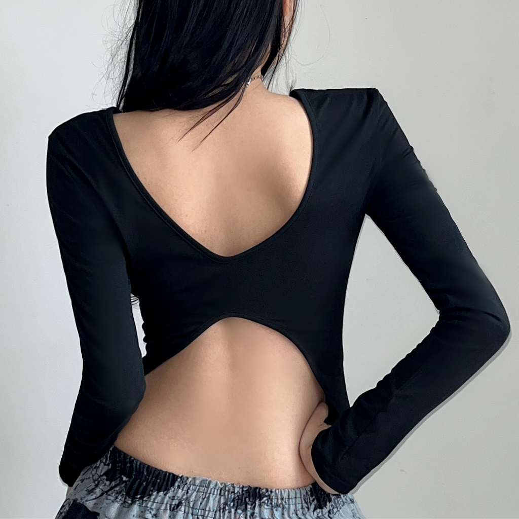 【AMY J】Korean Long Slevees Backless  T-Shirt  7598 ( S/M/L)