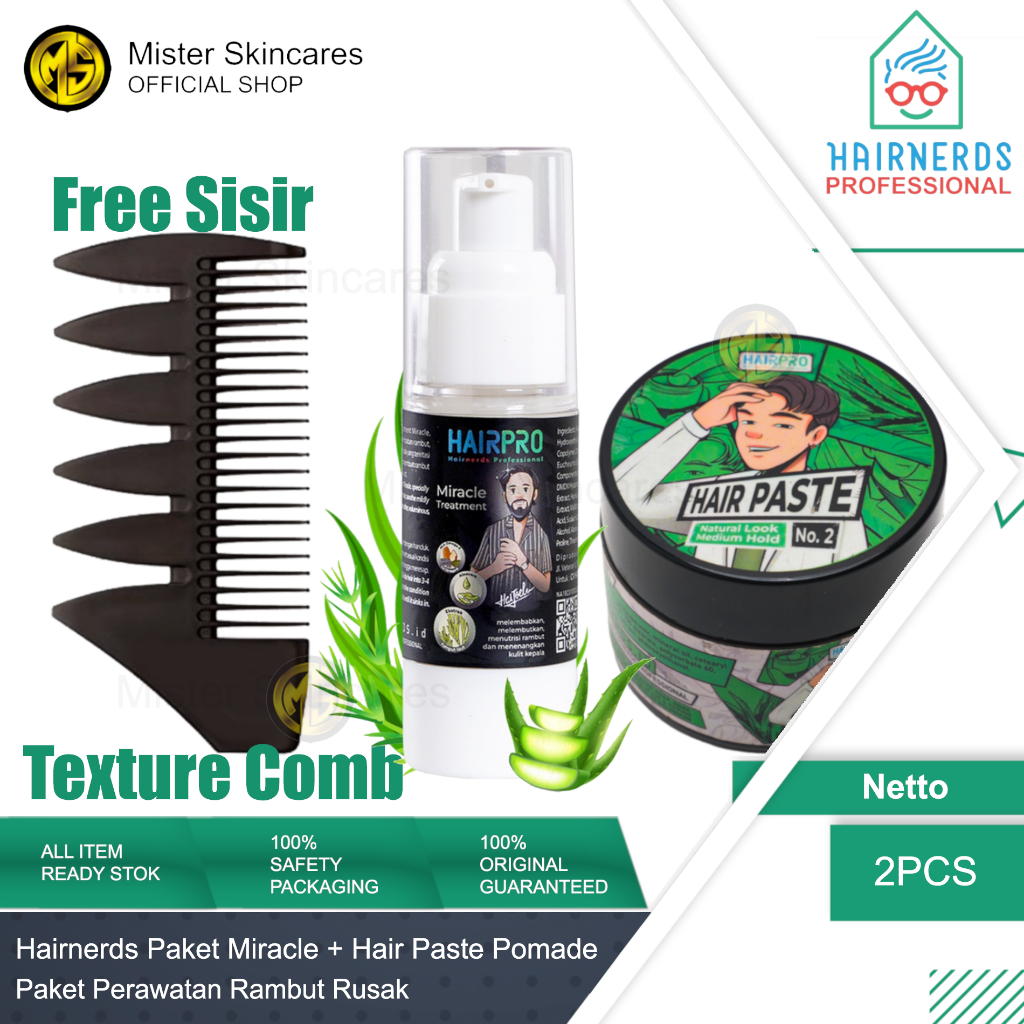 Hairnerds Professional Paket Miracle Treatment &amp; Hair Styling Paste Pomade Free Sisir