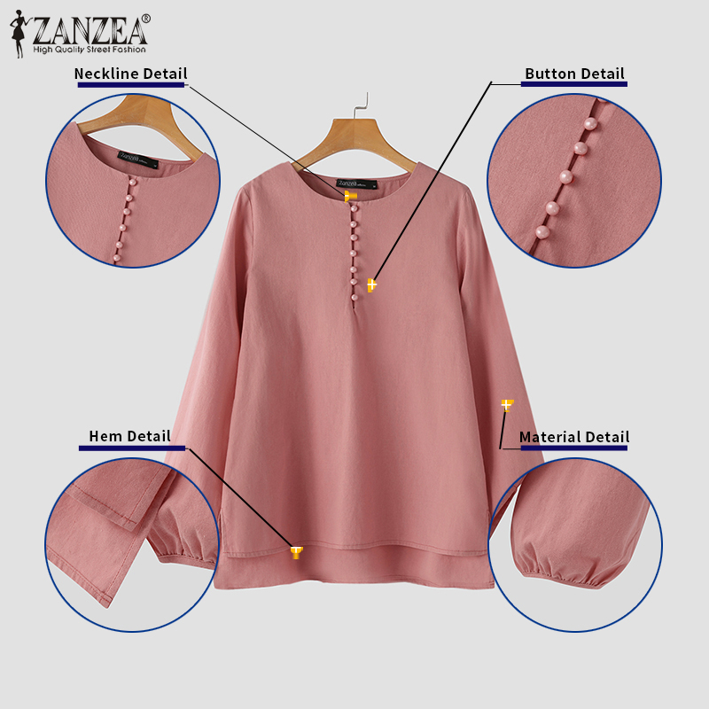 ZANZEA Women Casual Solid Round Neck Long Sleeve Side Slit Loose Half Buttons Shirt