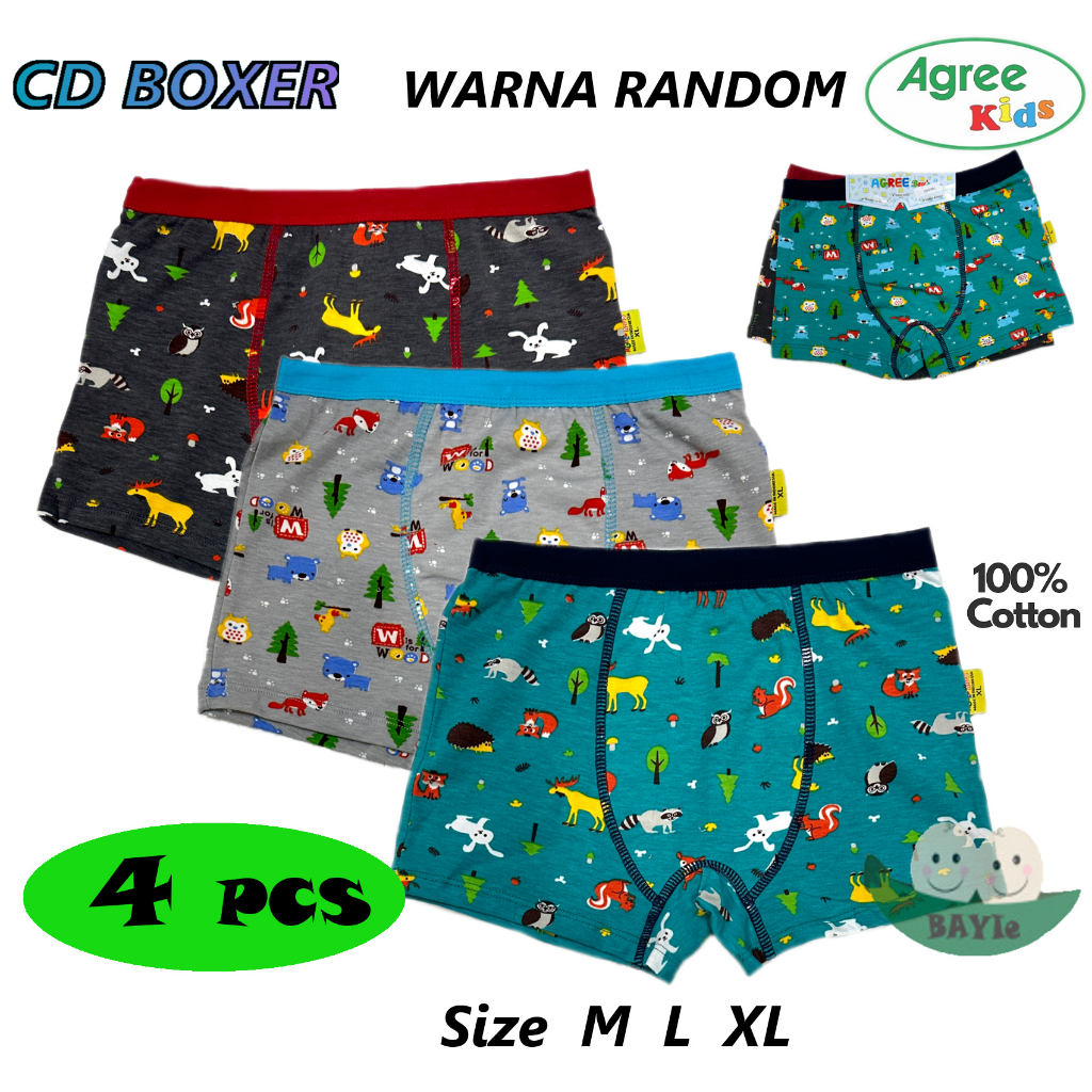 BAYIe - 4 PCS Celana Dalam / CD Anak Laki-laki Cowok BOXER AGREE KIDS 6166 Motif RANDOM/ Kid's Underwear Size M L XL