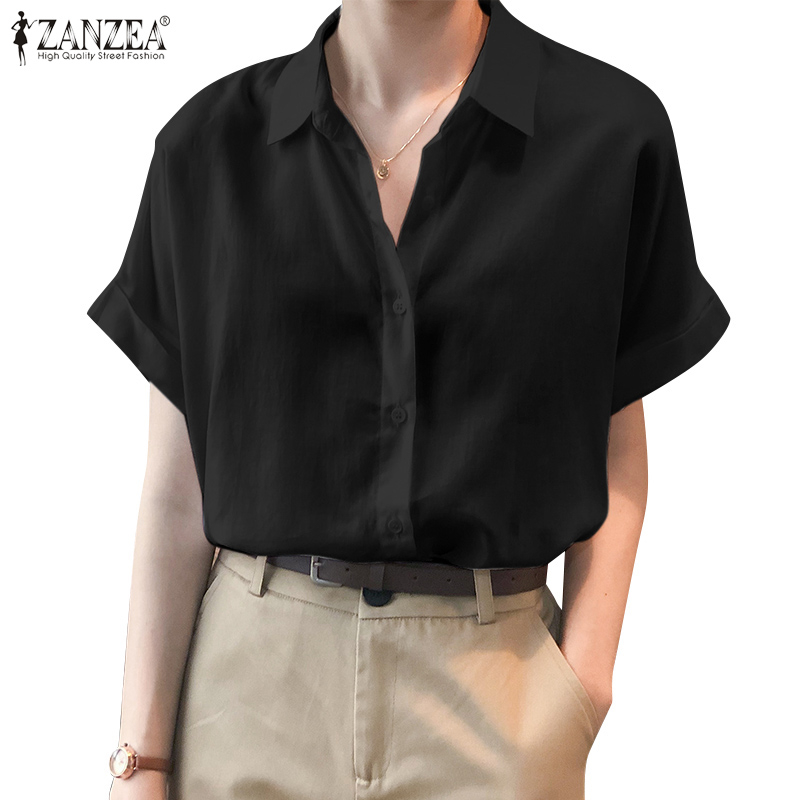 ZANZEA Women Turn-down Collar Short Sleeve Casual Button Down Front Blouse