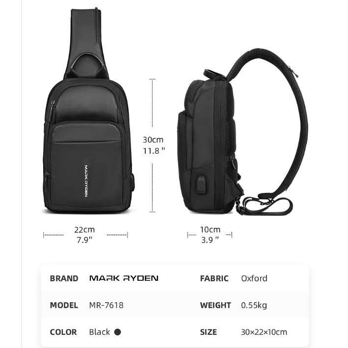 Mark Ryden Tas Selempang Pria Crossbody Waist Sling Bag USB MR7618 - Hitam