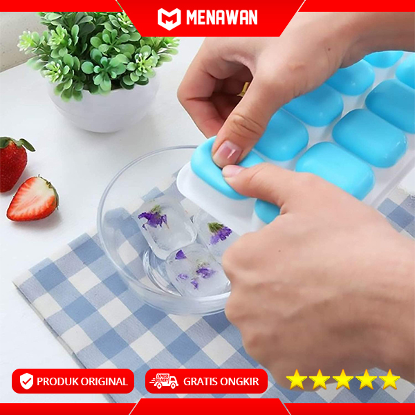 Silicone Ice Tray Food Grade BPA Free Cetakan Es Batu Kulkas 14 Grid Lengkap Penutup Original