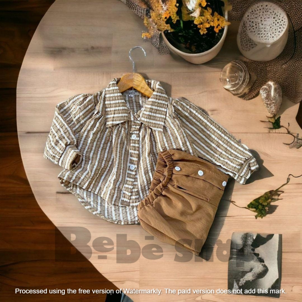 Setelan kemeja croptop anak perempuan  moif salur usia 3 sampai 12 tahun