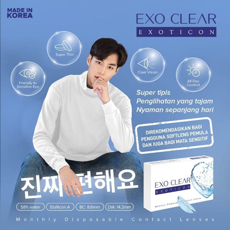 Softlens bening EXO CLEAR softlens clear/softlens bening 1 pasang dia 14,2mm kadar air 58% (-0.50 s/d -10.00) by X2 EXOTICON