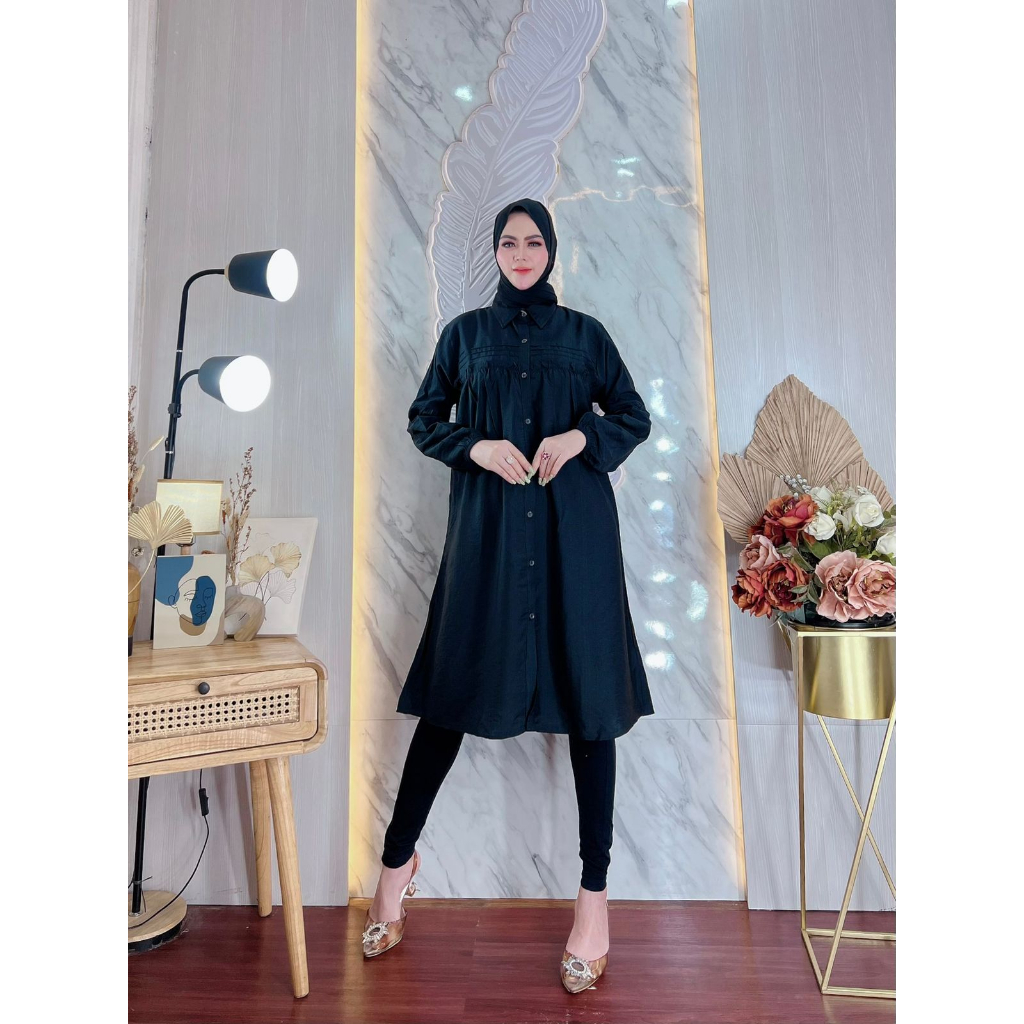 Hazel Tunik Polo Linen Atasan Wanita Lengan Ruffle Premium