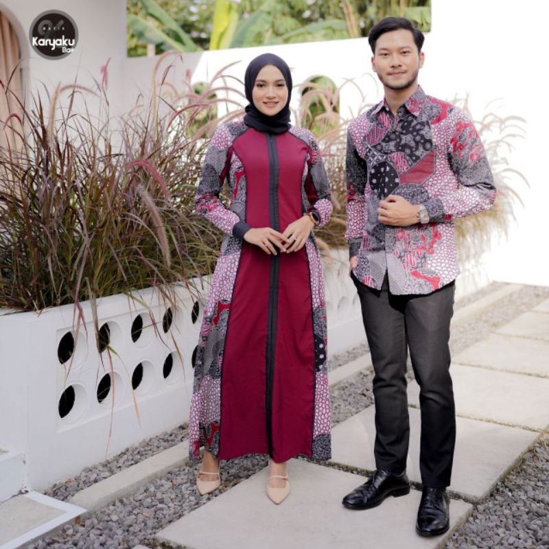 Couple Gamis Shakila Dress Batik kombinasi Matt Shakila polos Batik Motif Rosecrepe