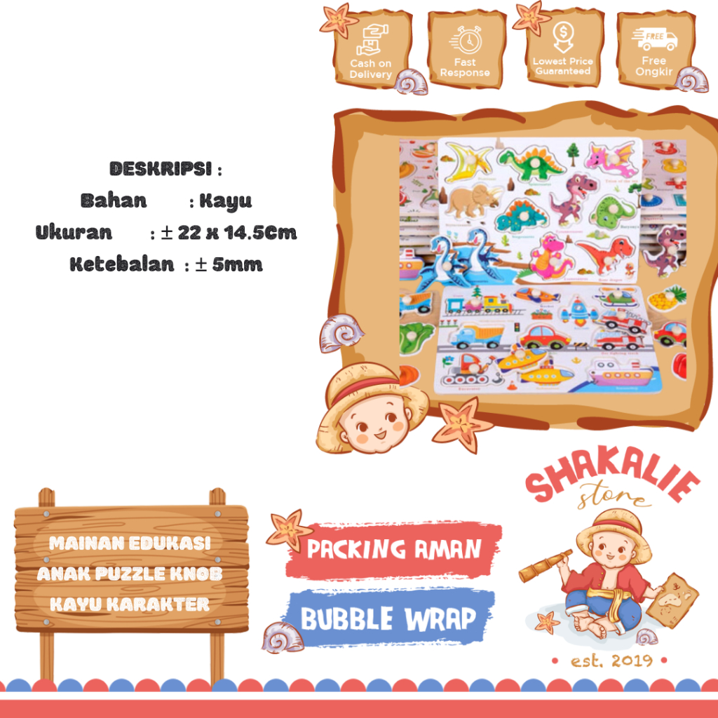 Mainan Anak Puzzle Knob Kayu Karakter