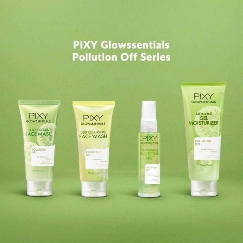 Pixy Glowssential POLLUTION OFF SERIES | sunshield daily moisturizer | all in one gel moisturizer | clay scrub face mask | deep cleansing face was |  vit.