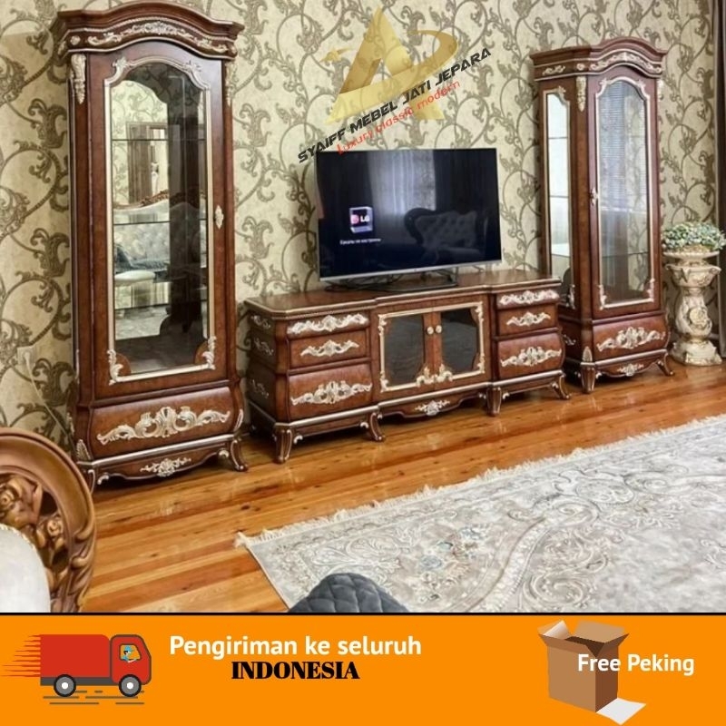 Lemari Pajangan Bufet TV Pendek full ukir kayu jati mewah