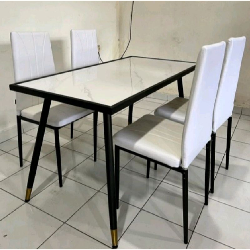 (Free Ongkir Jadetabek)TERLARIS Meja Makan Marmer Minimalis Set 4 Kursi Rangka Besi Stainless Dining Table