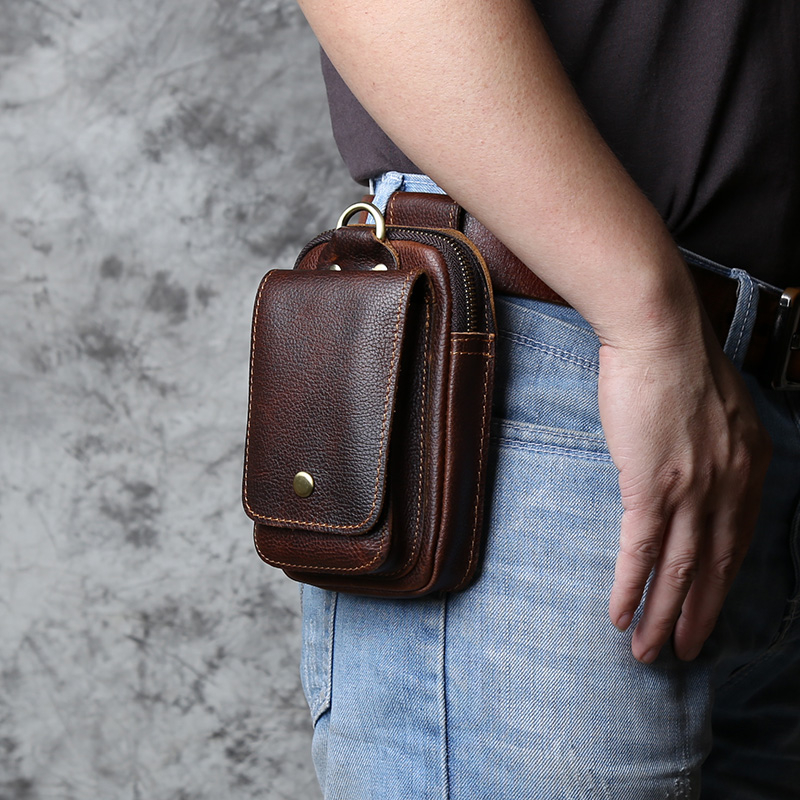 Tas Pinggang Pria Kulit Asli Lapisan Atas Tas Kait Modis Kulit Sapi Tas Sabuk Santai Kotak Rokok Tas