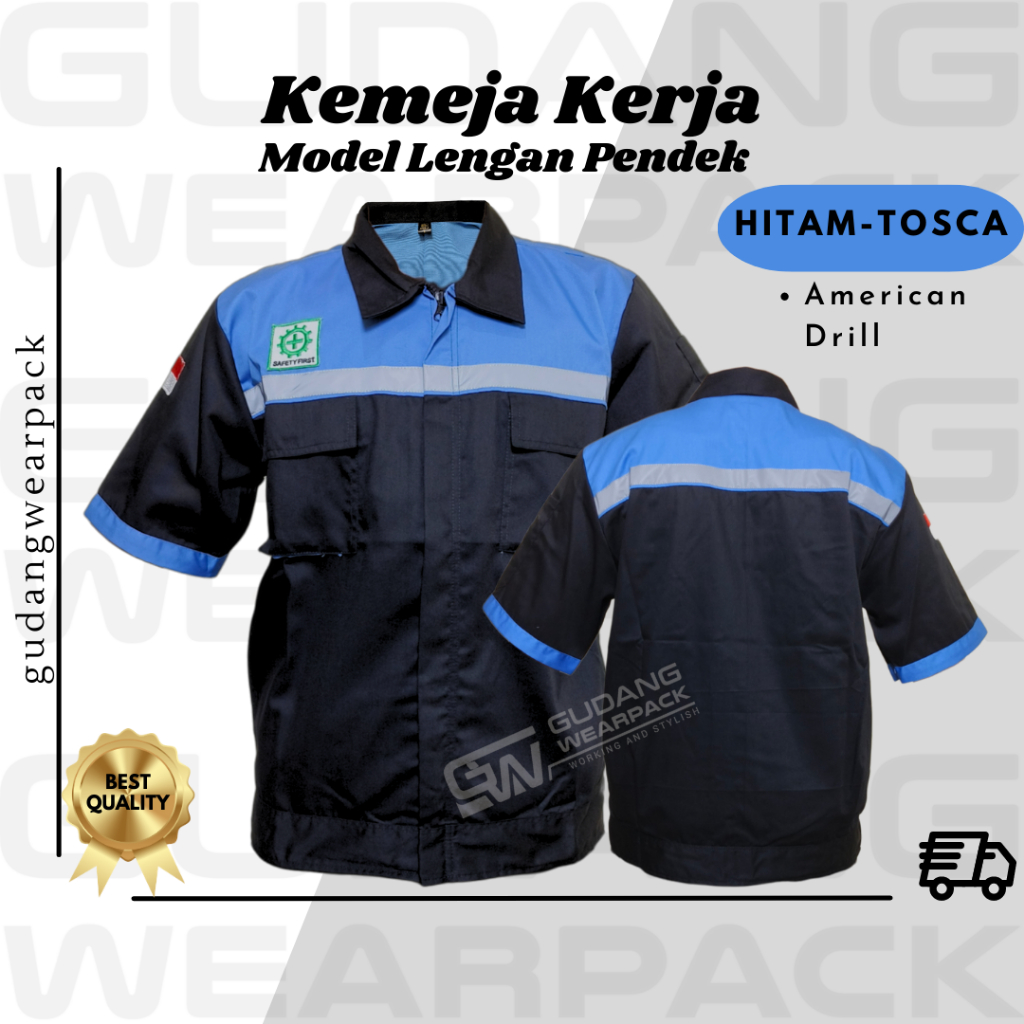 Gudang Wearpack - Kemeja Kerja Seragam Proyek Lengan Pendek Warna Hitam Tosca