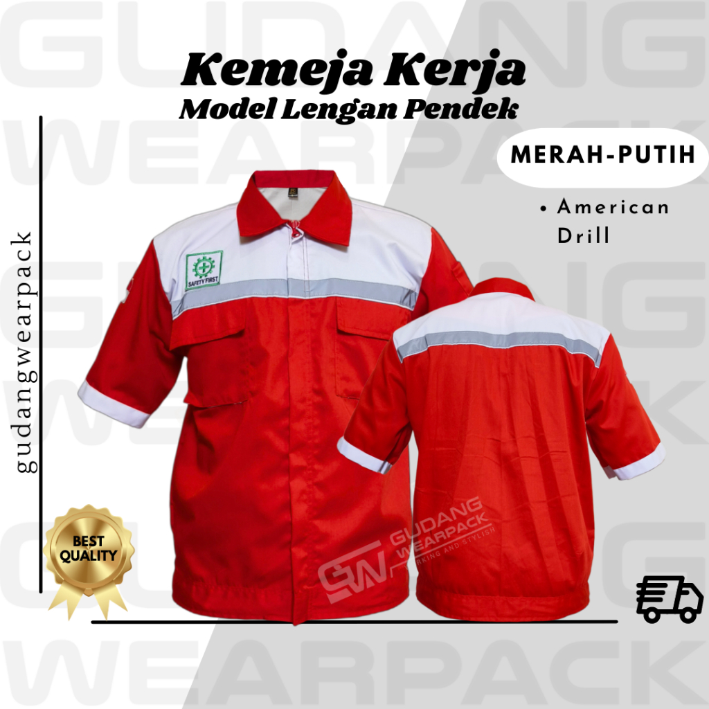 Gudang Wearpack - Kemeja Kerja Seragam Proyek Lengan Pendek Warna Merah Putih