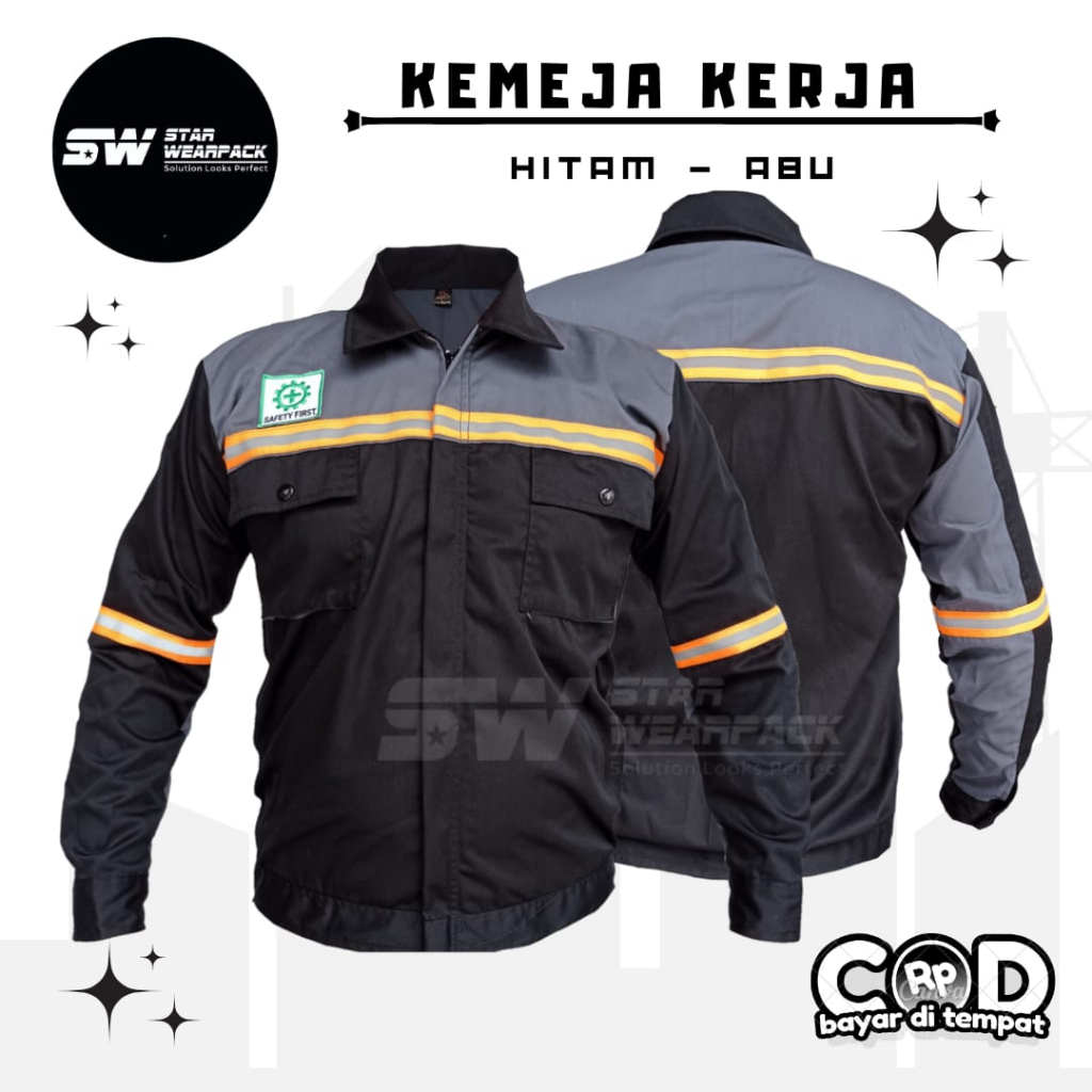 Star Wearpack - Baju Kerja Lapangan Wearpack Atasan Warna HItam Kombinasi Abu Free Logo K3 &amp; Bendera