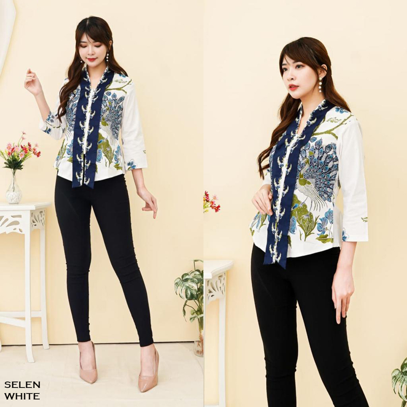 Evercloth Selen Atasan Wanita Blouse Batik Wanita Lengan Panjang