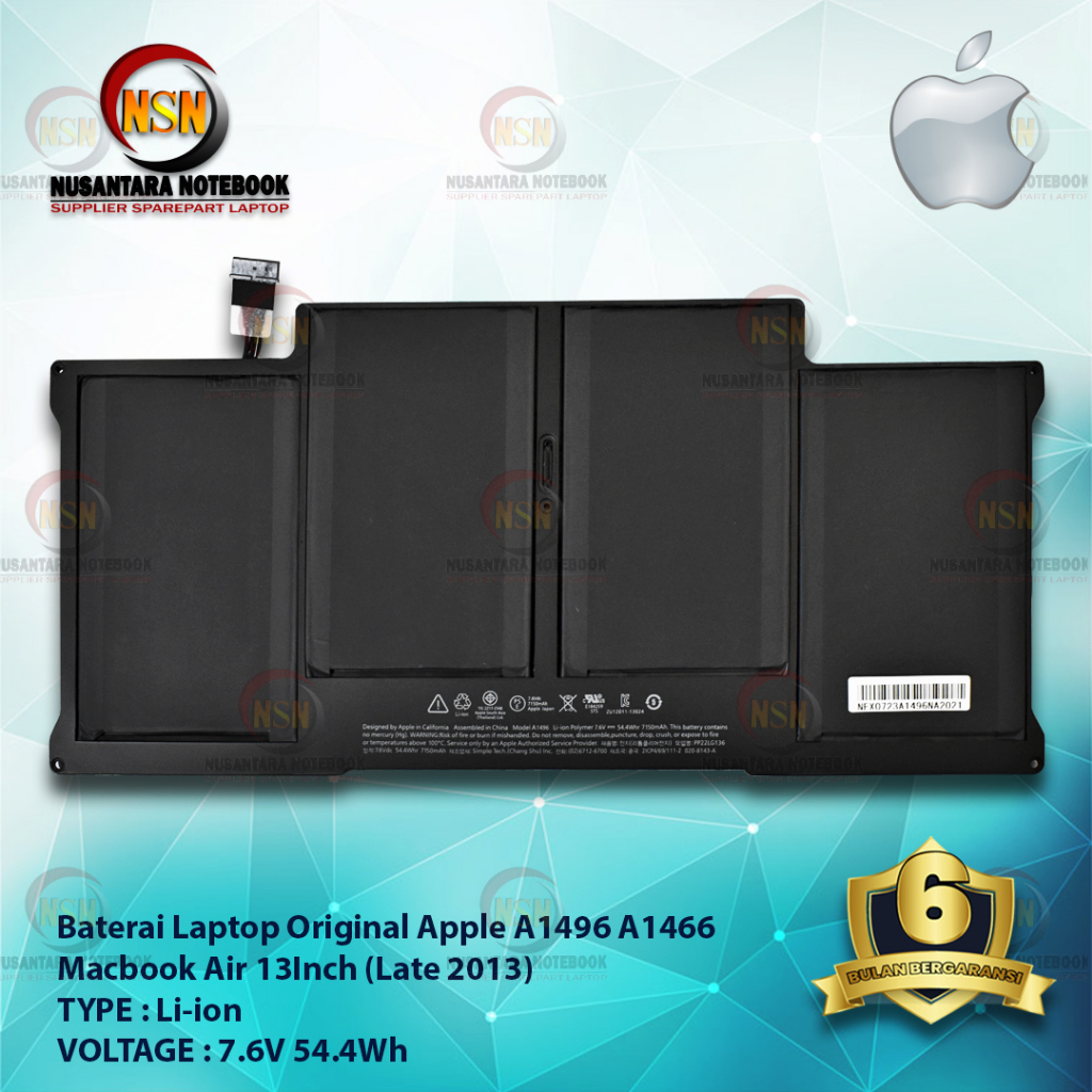 Baterai Apple Mac Air 13 Inch A1369 A1405 A1466 (Late  2013) 7.6V 54.4Wh