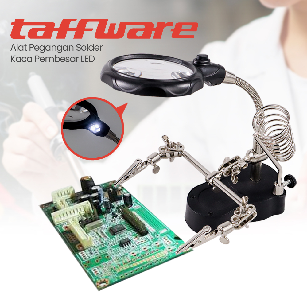 Taffware Alat Pegangan Solder Helping Hand Kaca Pembesar LED - TE-801 - Black