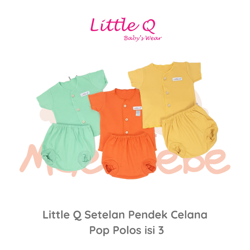 [Size NB] Little Q Setelan Polos Pendek Kancing Tengah Celana Pop Isi 3pcs