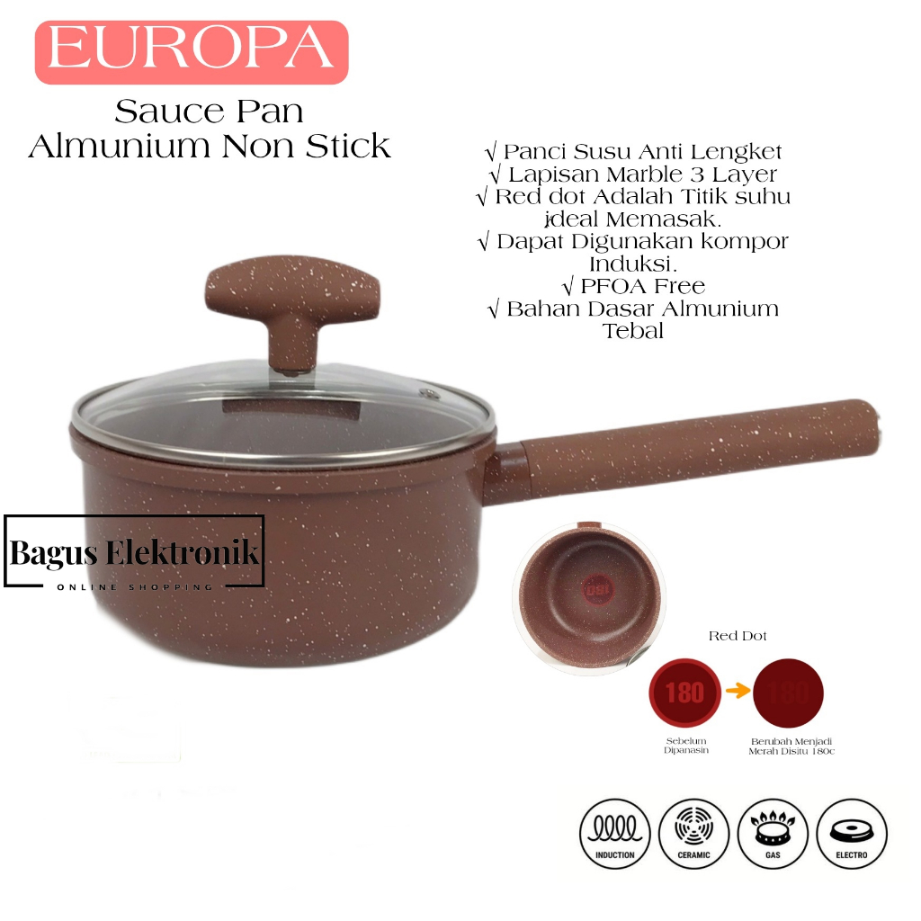 EUROPA Cookware Sauce PanYSP-16 Cm Red Dot Panci Susu Anti Lengket Tutup Kaca Coating Marble Bisa Kompor Induksi Ukuran / Panci Mie Tidak Lengket / Sauce Pan Ceramic Induksi