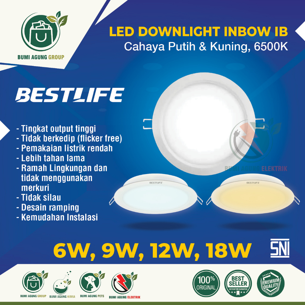 LED LAMPU DOWNLIGHT INBOW IB 6W, 9W, 12W, 18W PUTIH KUNING 6500K  3000K WATT WHITE sudah SNI kualitas terbaik