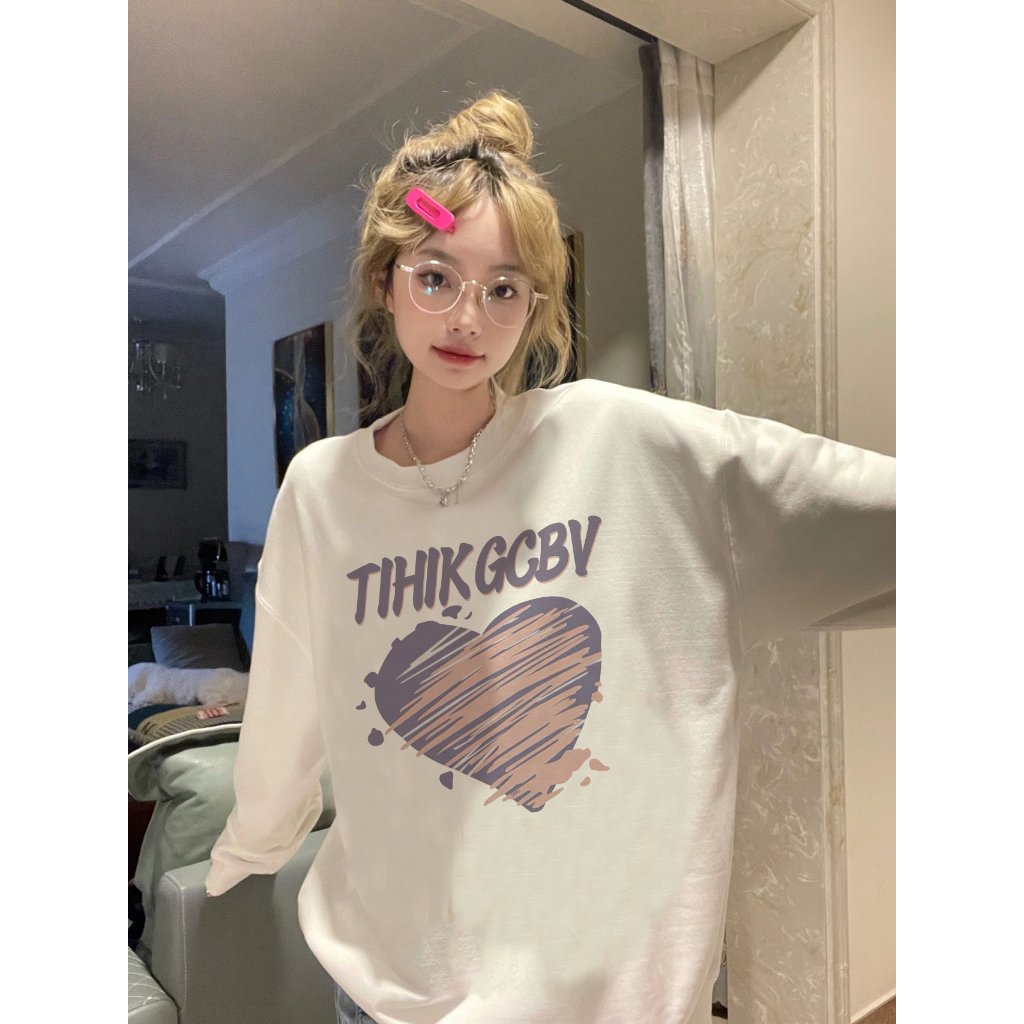 EUNII Sweater Lengan Panjang Cartoon Pink Purple Heart Printing Korean Style/Sweater Crop/Baju Wanita/Switer Wanita/Switer