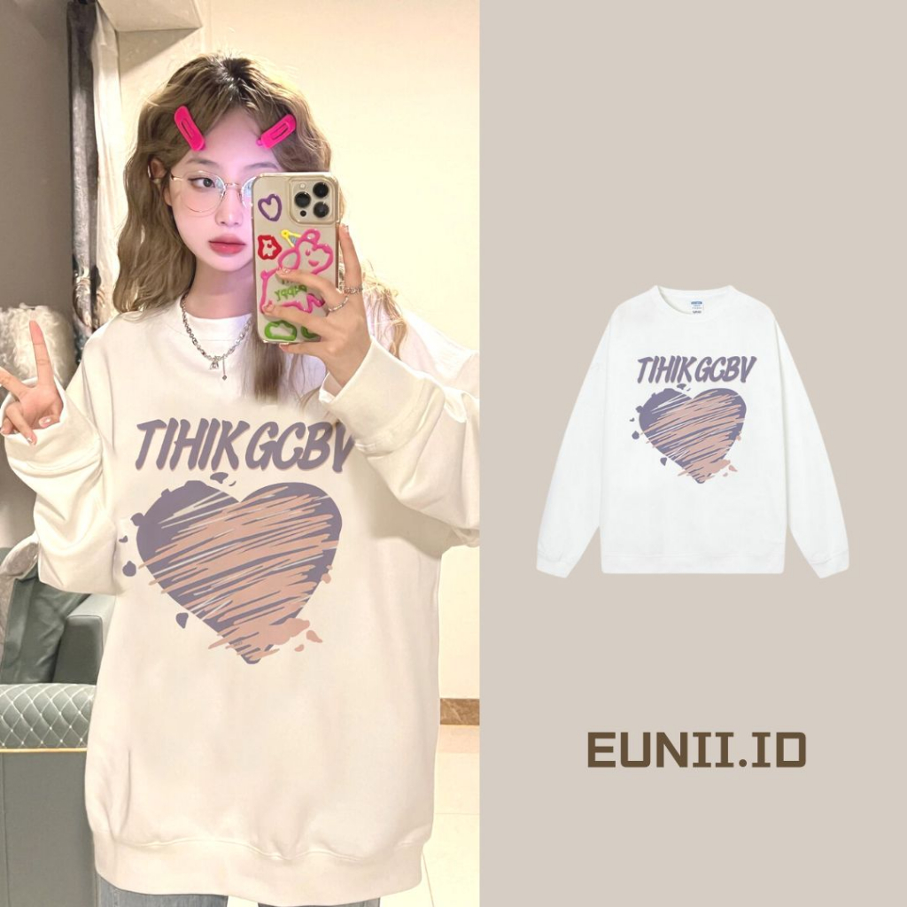 EUNII Sweater Lengan Panjang Cartoon Pink Purple Heart Printing Korean Style/Sweater Crop/Baju Wanita/Switer Wanita/Switer