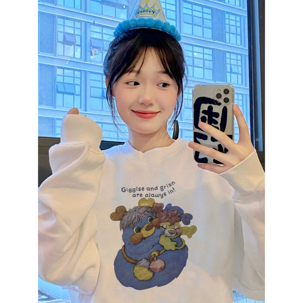 EUNII Sweater Lengan Panjang Cartoon Funny Bear Printing Korean Style/Sweater Crop/Baju Wanita/Switer Wanita/Switer