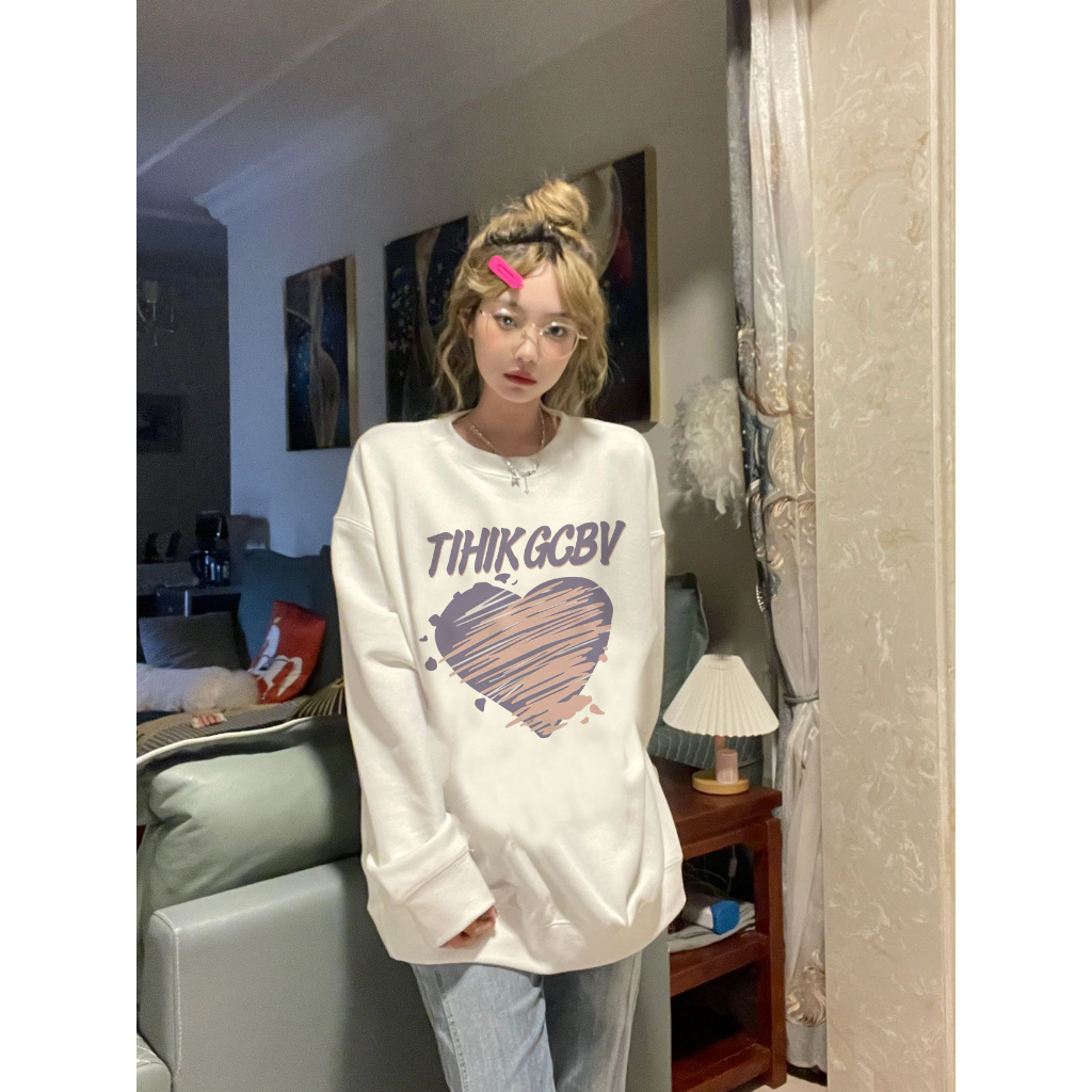 EUNII Sweater Lengan Panjang Cartoon Pink Purple Heart Printing Korean Style/Sweater Crop/Baju Wanita/Switer Wanita/Switer