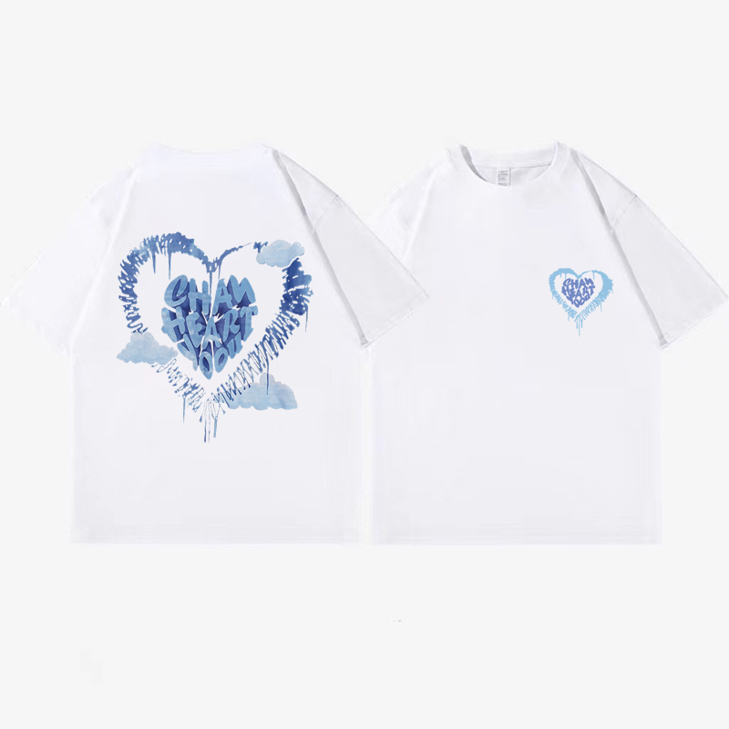 XiaoZhaiNv Kaos Atasan Oversize Wanita Blue Heart Pattern Lengan Pendek A0665