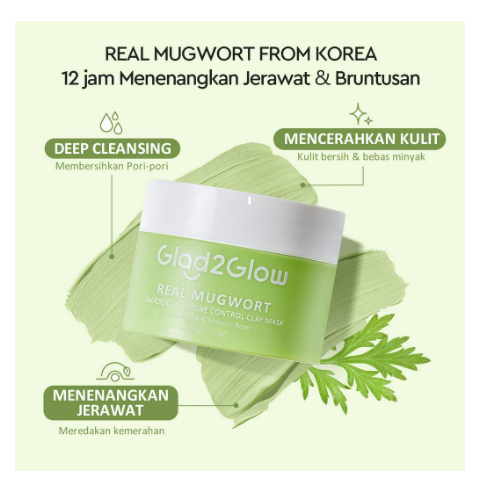 (BPOM)Glad2Glow Real Mugwort Clay Mask Salicylic Acid 30gr /Masker Penghilang komedo dan jerawat/Centella Masker Wajah Mud mask