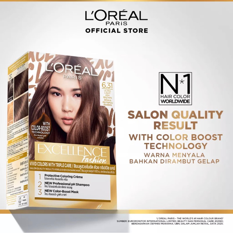 L'Oreal Paris Excellence Fashion Ultra Light Hair Color #6.31 Ash Brown [Pewarna Rambut Permanen] (#