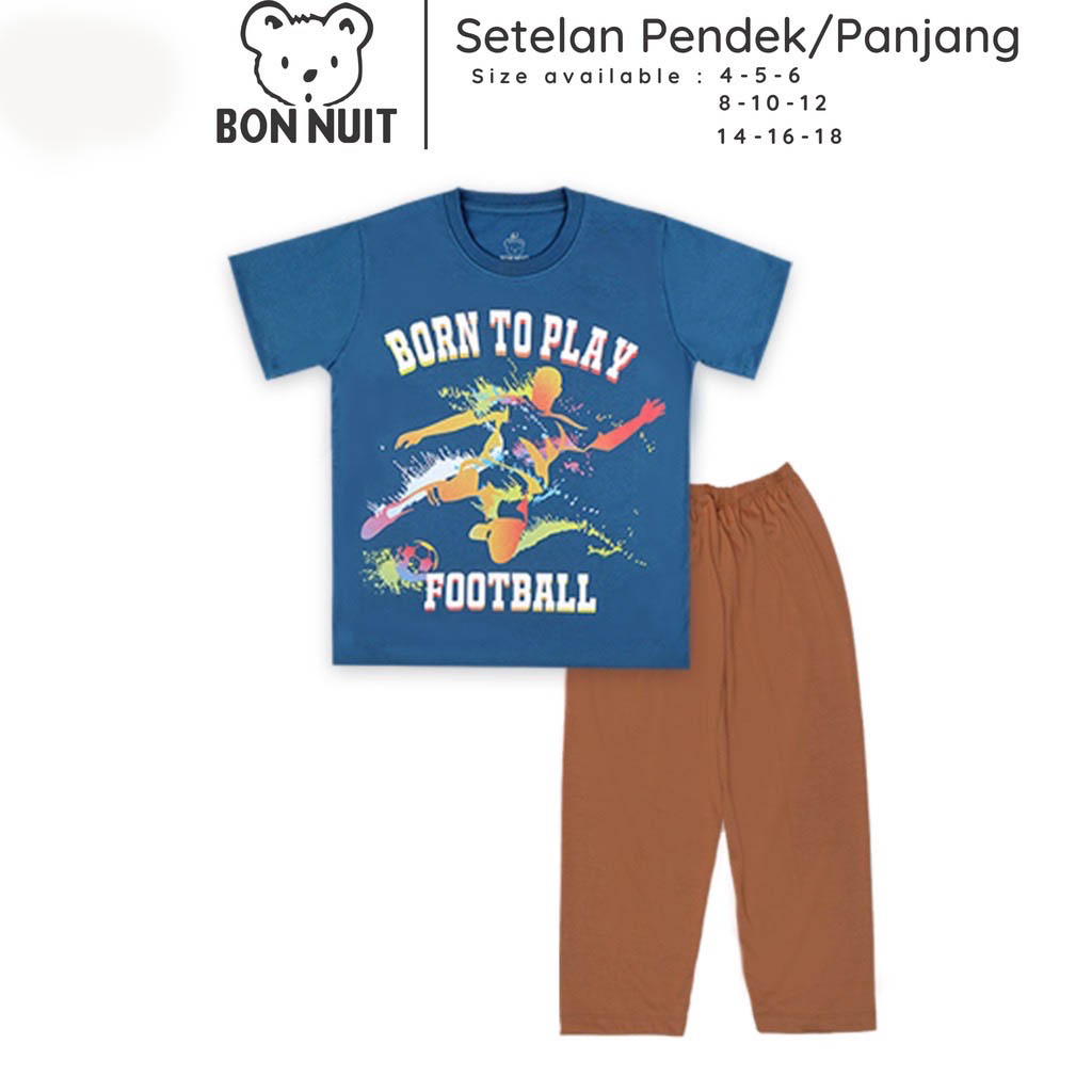 Piyama Anak Born to Play Football CP Lengan Pendek - Celana Panjang Cowok Bon Nuit Bahan Kaos Piyama
