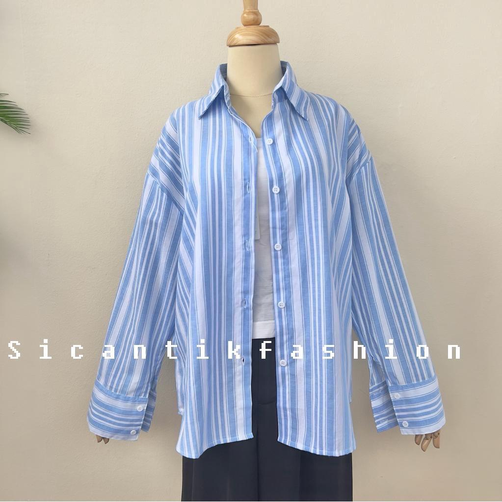 Kemeja Oversize Wanita Lengan Panjang Motif salur