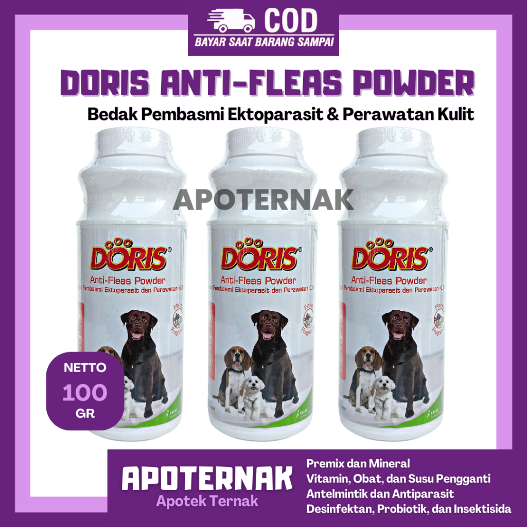 DORIS POWDER / DORIS BEDAK Anjing | Doris Anti Fleas &amp; Doris Skin Care 100 gram | Bedak Pembasmi Kutu Anjing dan Perawatan Kulit Rambut Anjing | Kututox Bedak