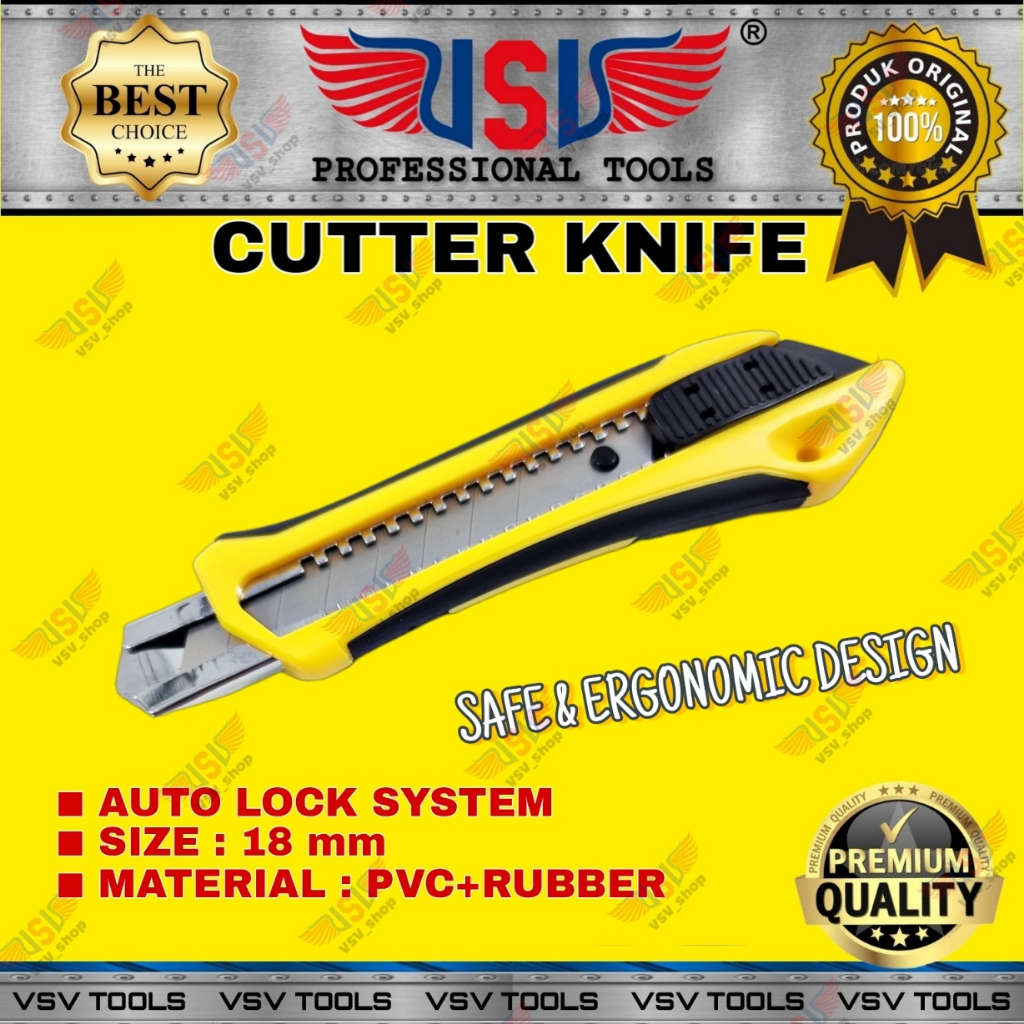 VSV Pisau Cutter Besar 18mm Body PVC Karet Cutter Knife Auto-Lock FH-7