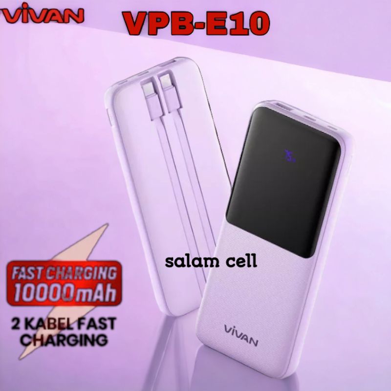 Powerbank VIVAN VPB-E10 10000mAh Fast Charger 2kabel Lightning &amp; Type-C Original