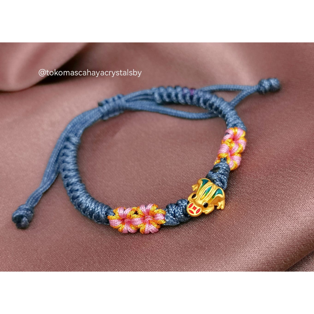 Gelang Charm Kodok Rejeki cat Merah / Biru Emas kadar 24k HK Hongkong 999% 999 &amp; Gelang Serut