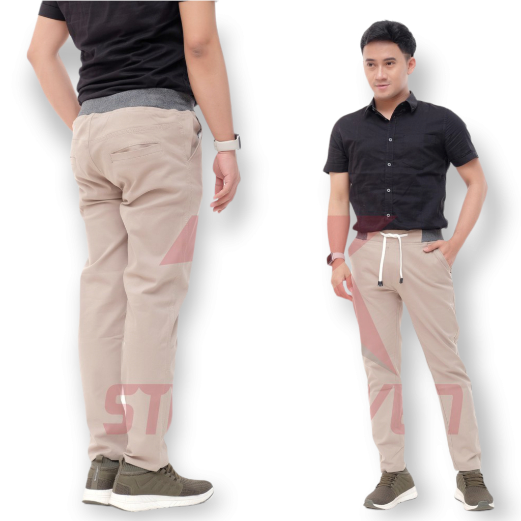 Celana Chino Panjang Pria Jumbo Cinos Bahan Melar Elastis Chinos Laki Slimfit Pinggang Karet Kolor