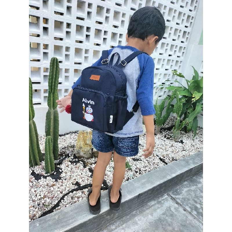 Baglist Tas Anak PAUD TK sekolah kids ransel backpack warna navy polos bordir nama karakter